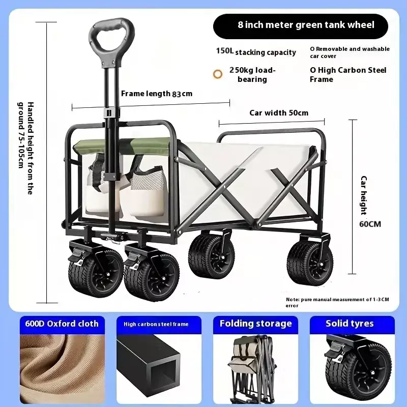 Carro Plegable de Carga 150L Estructura Acero Tela Oxford Ruedas Todo Terreno  -2