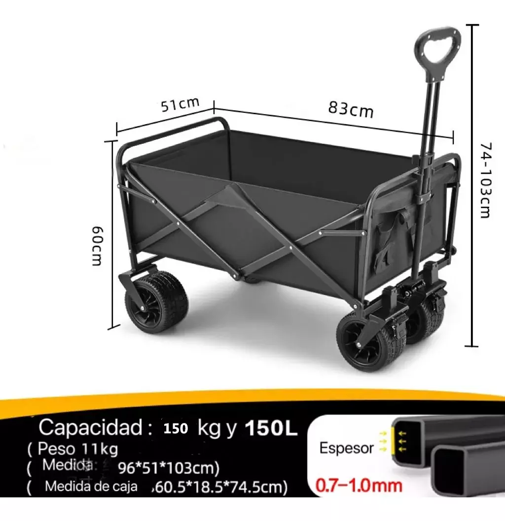 Carro Plegable de Carga 150L Estructura Acero Tela Oxford Ruedas Todo Terreno  -8