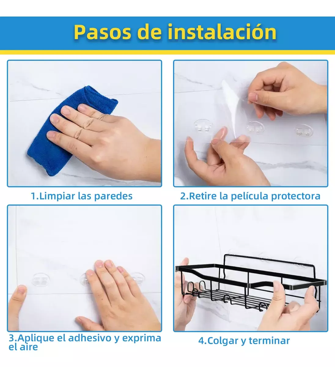 Estantes de Baño Adhesivos Metálicos Negro Resistentes Ajustables 18kg-4