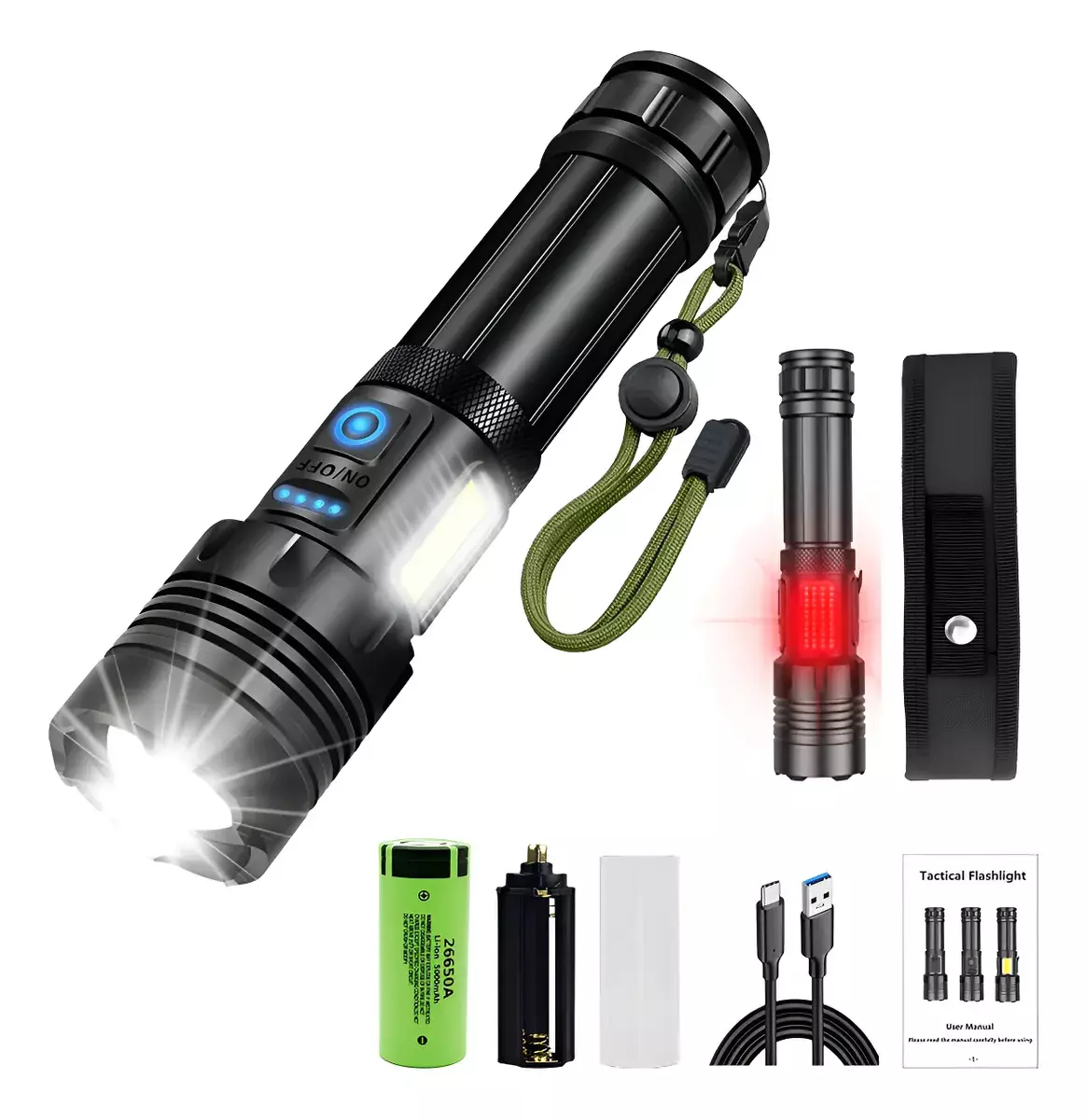 Linterna Táctica LED Recargable XHP70 120000 Lúmenes Zoom Impermeable-0