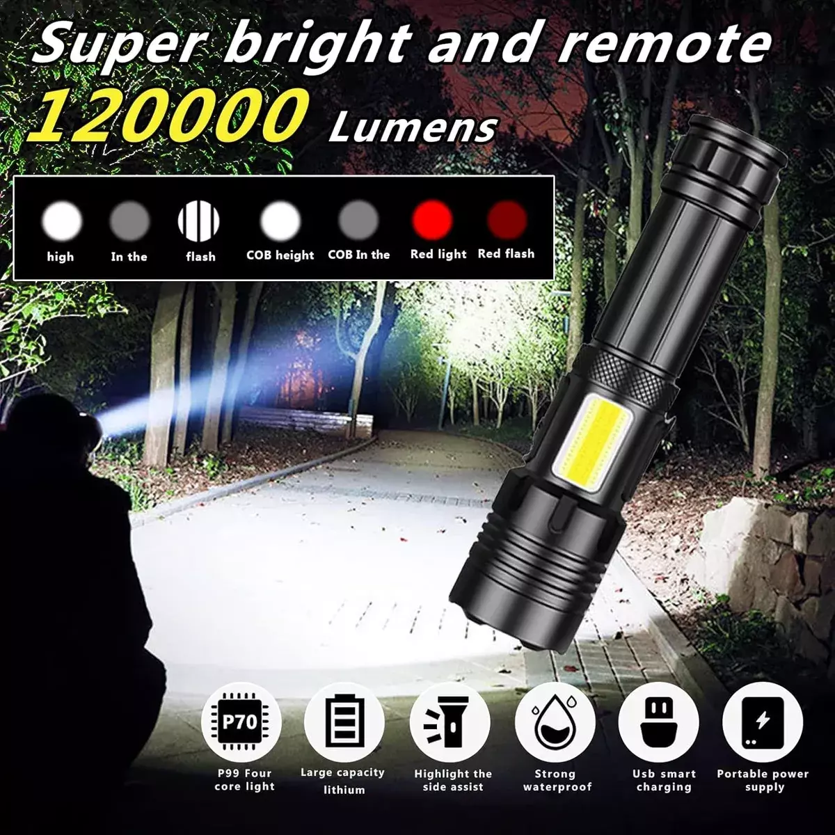 Linterna Táctica LED Recargable XHP70 120000 Lúmenes Zoom Impermeable-1