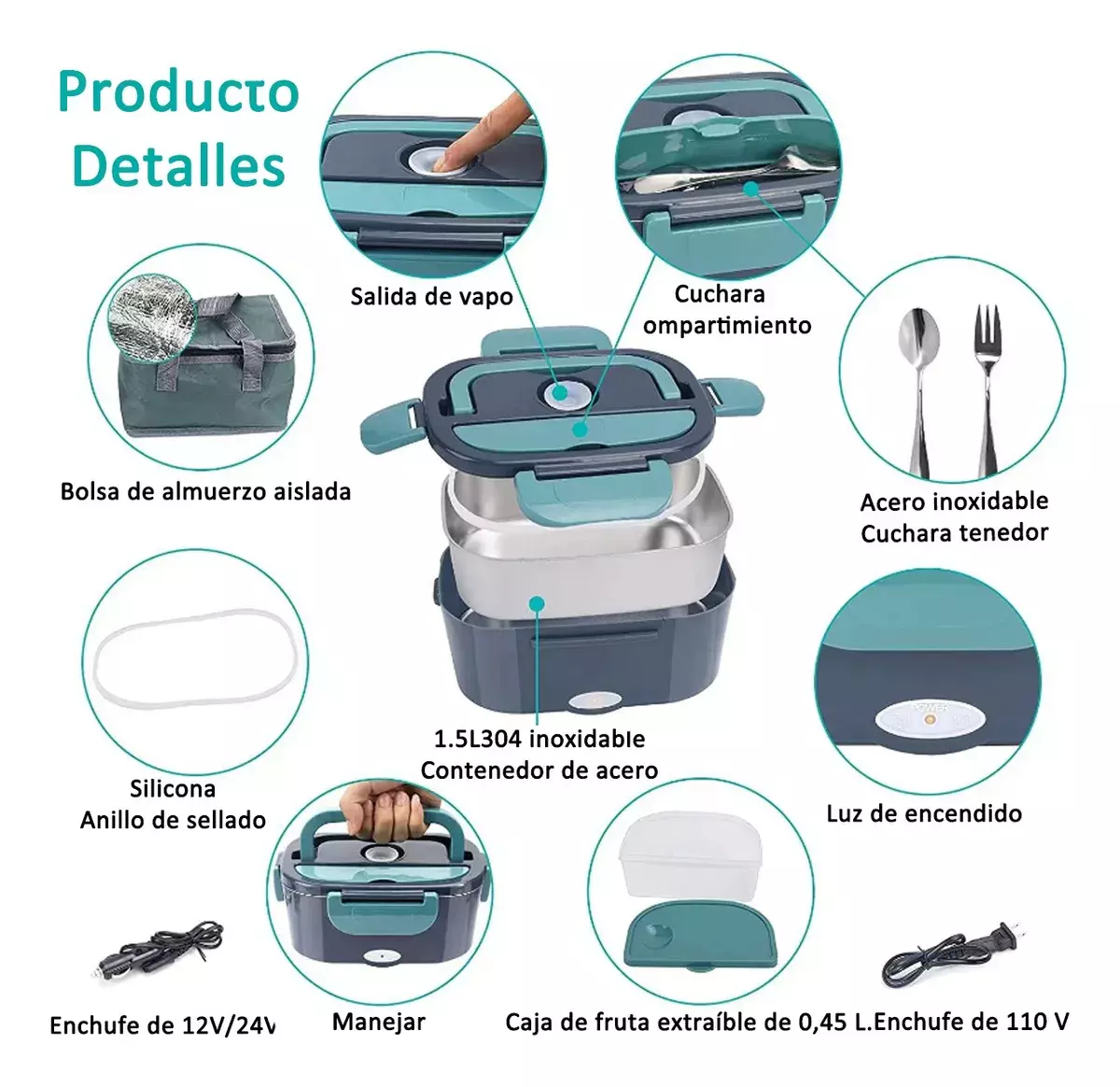 Lonchera Eléctrica Portátil 80W Acero Inoxidable 1.5L 12V/24V/110V-1