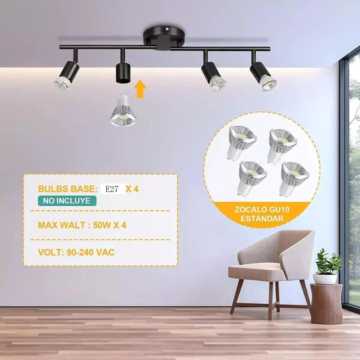 Lámpara de Techo LED Ajustable Negro 4 Focos GU10-5