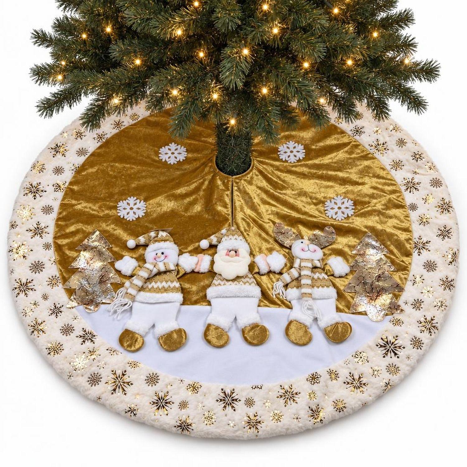 Pie De Árbol Navidad 118cm Dorado Copos Nieve Felpa-0