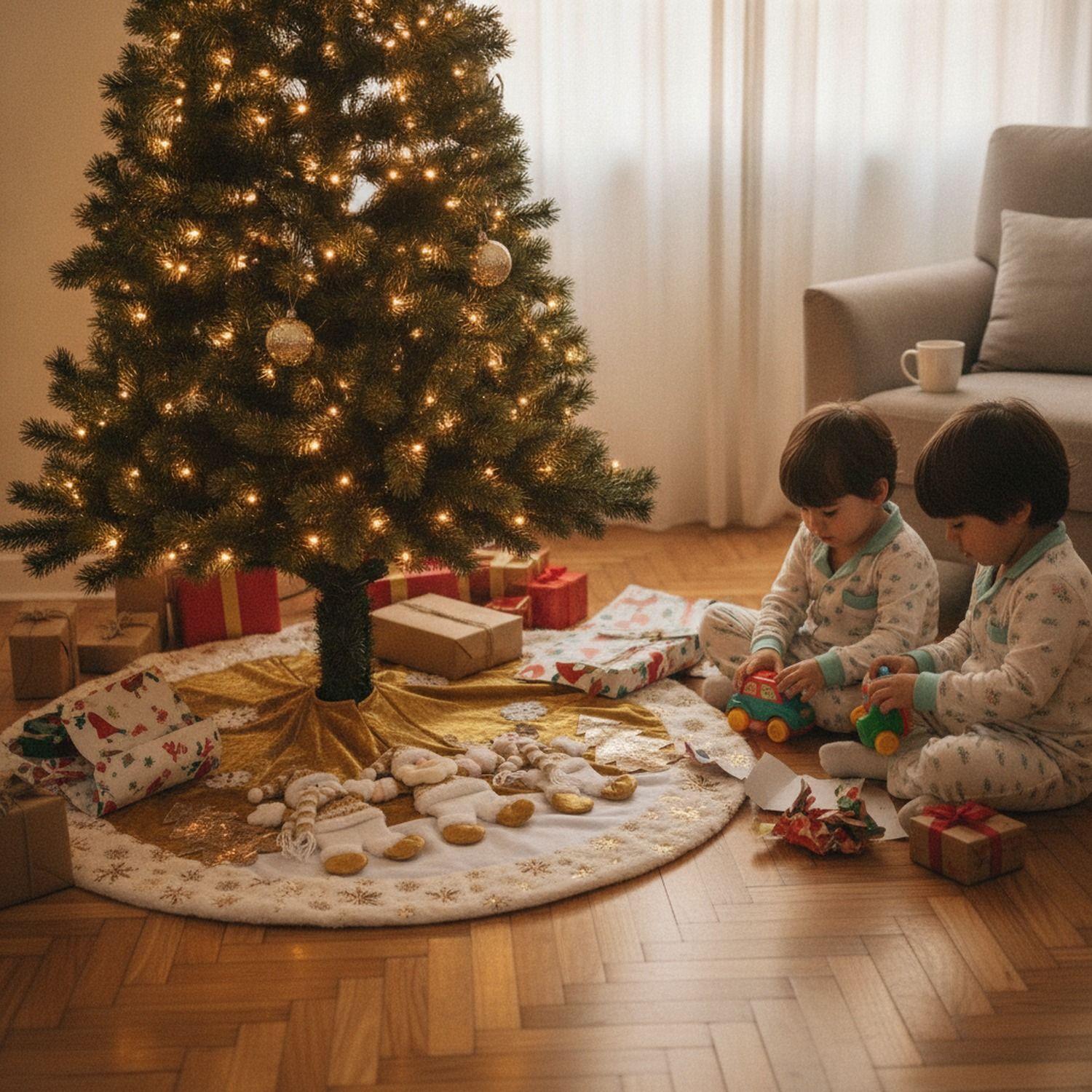 Pie De Árbol Navidad 118cm Dorado Copos Nieve Felpa-1
