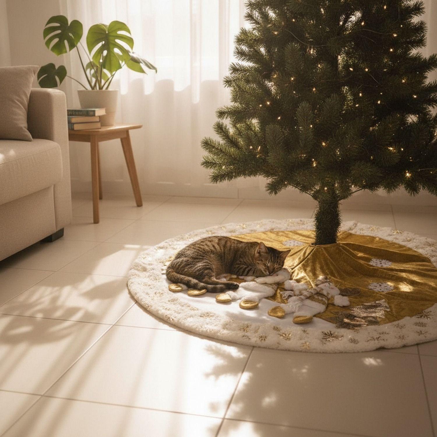 Pie De Árbol Navidad 118cm Dorado Copos Nieve Felpa-2