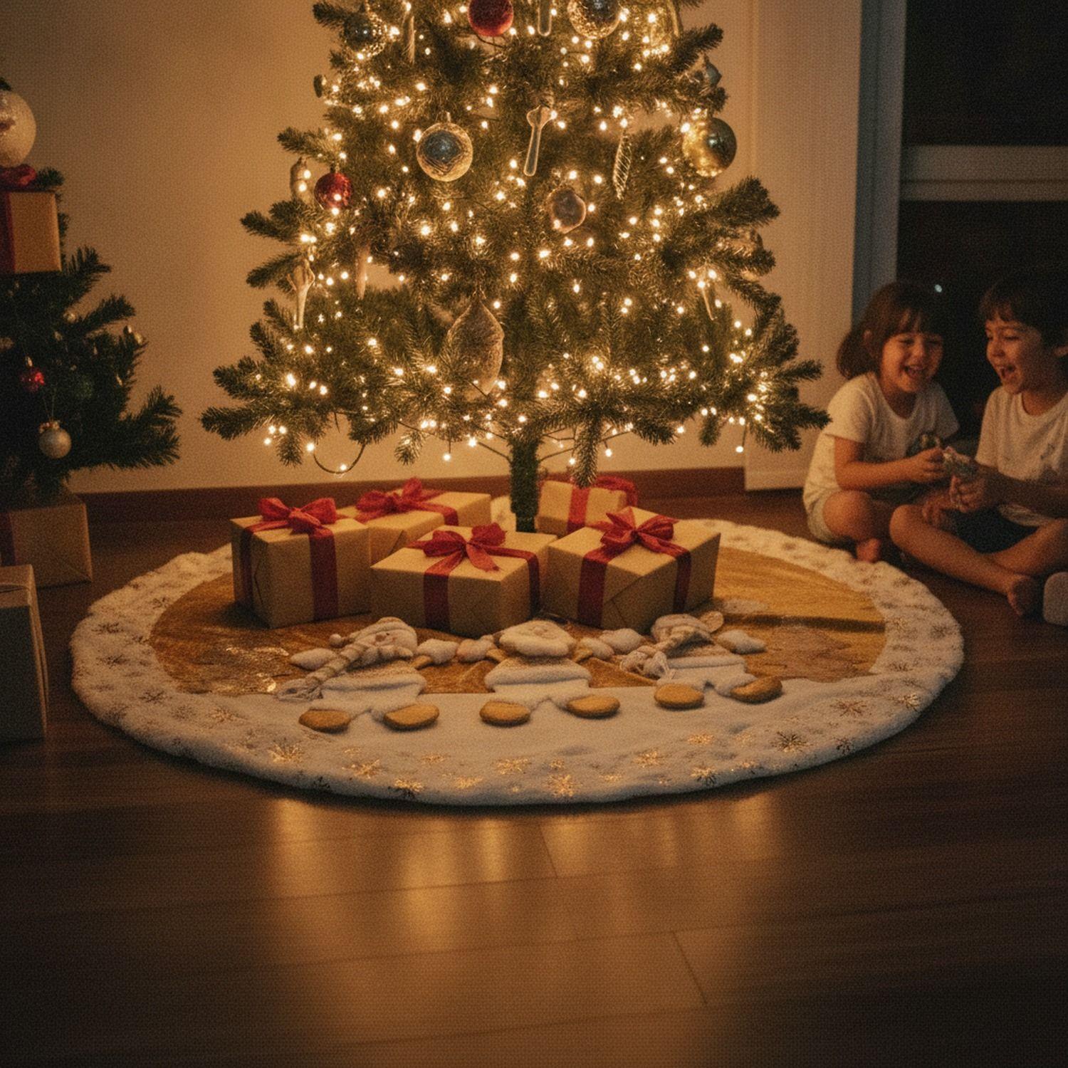 Pie De Árbol Navidad 118cm Dorado Copos Nieve Felpa-4