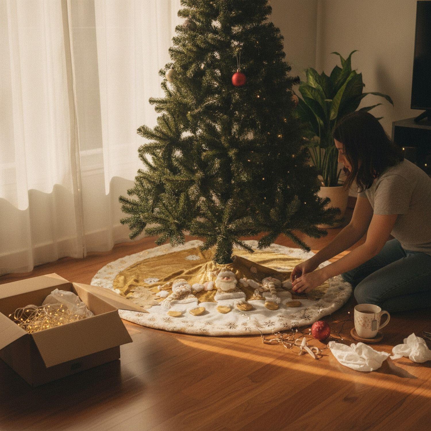 Pie De Árbol Navidad 118cm Dorado Copos Nieve Felpa-5