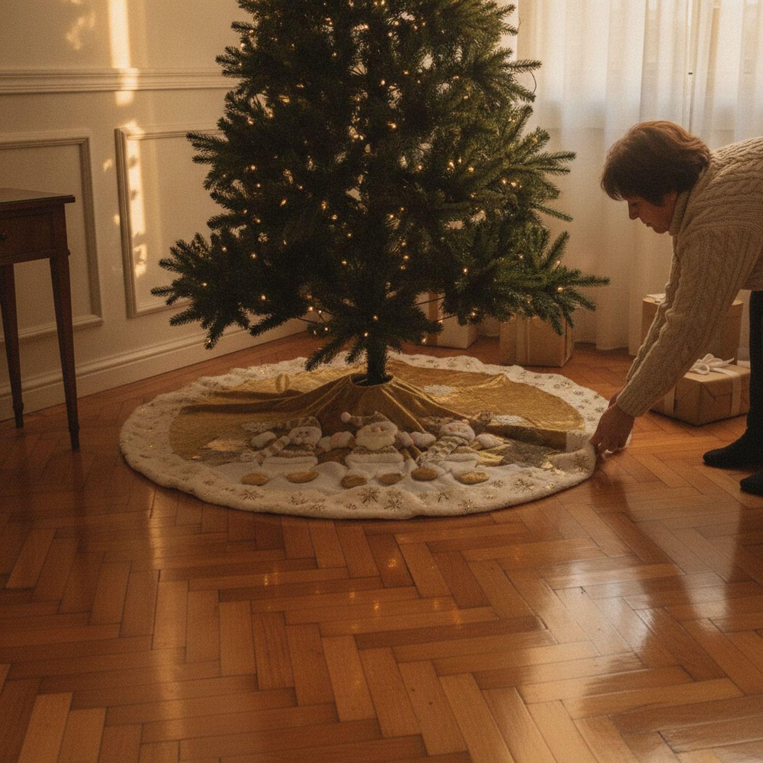 Pie De Árbol Navidad 118cm Dorado Copos Nieve Felpa-6