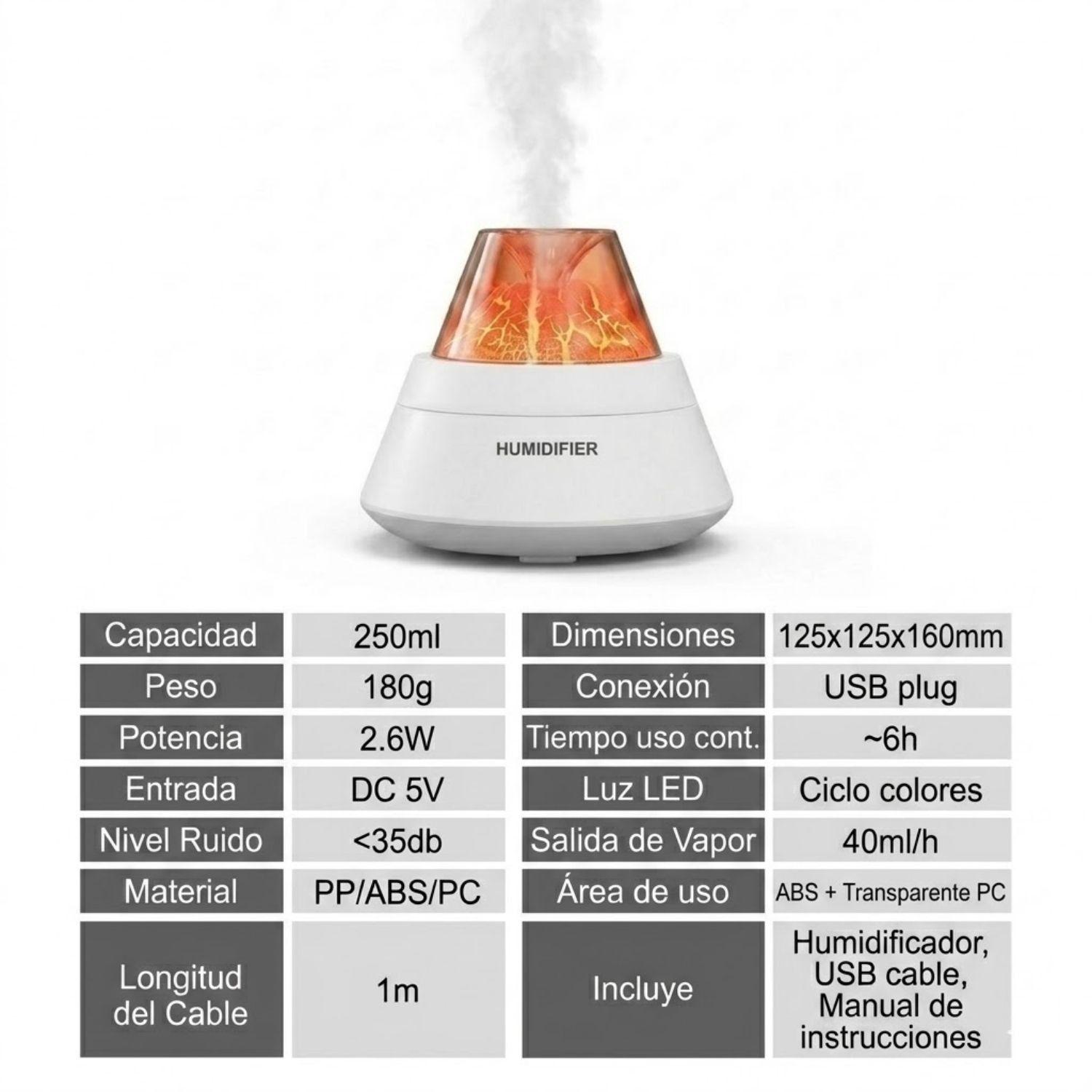 Humidificador Volcan Silencioso 250mL Aromatico Hogar Blanco-8