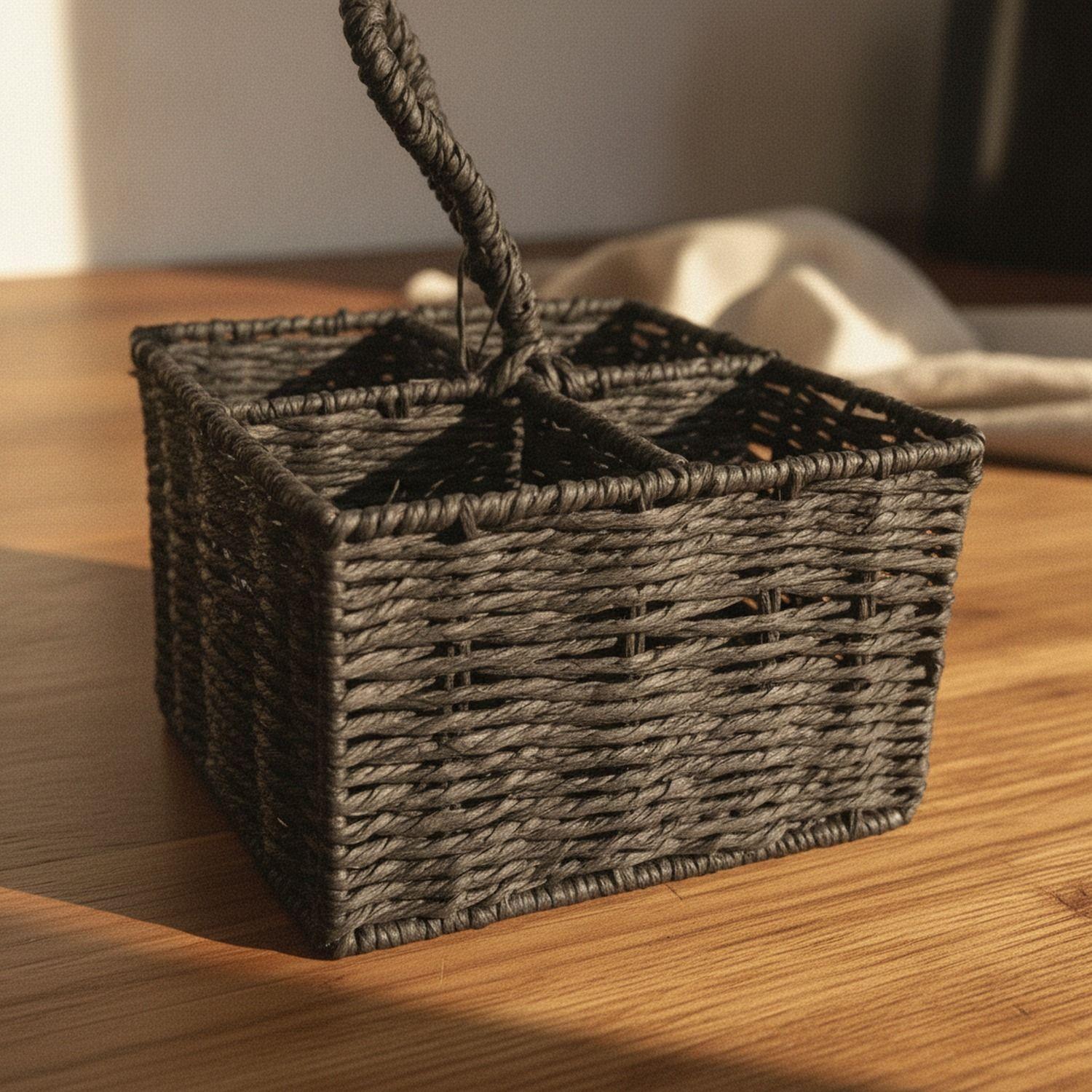 Porta Cubiertos Wayu Rattan Negro 20x20cm 4 Compartimentos-5
