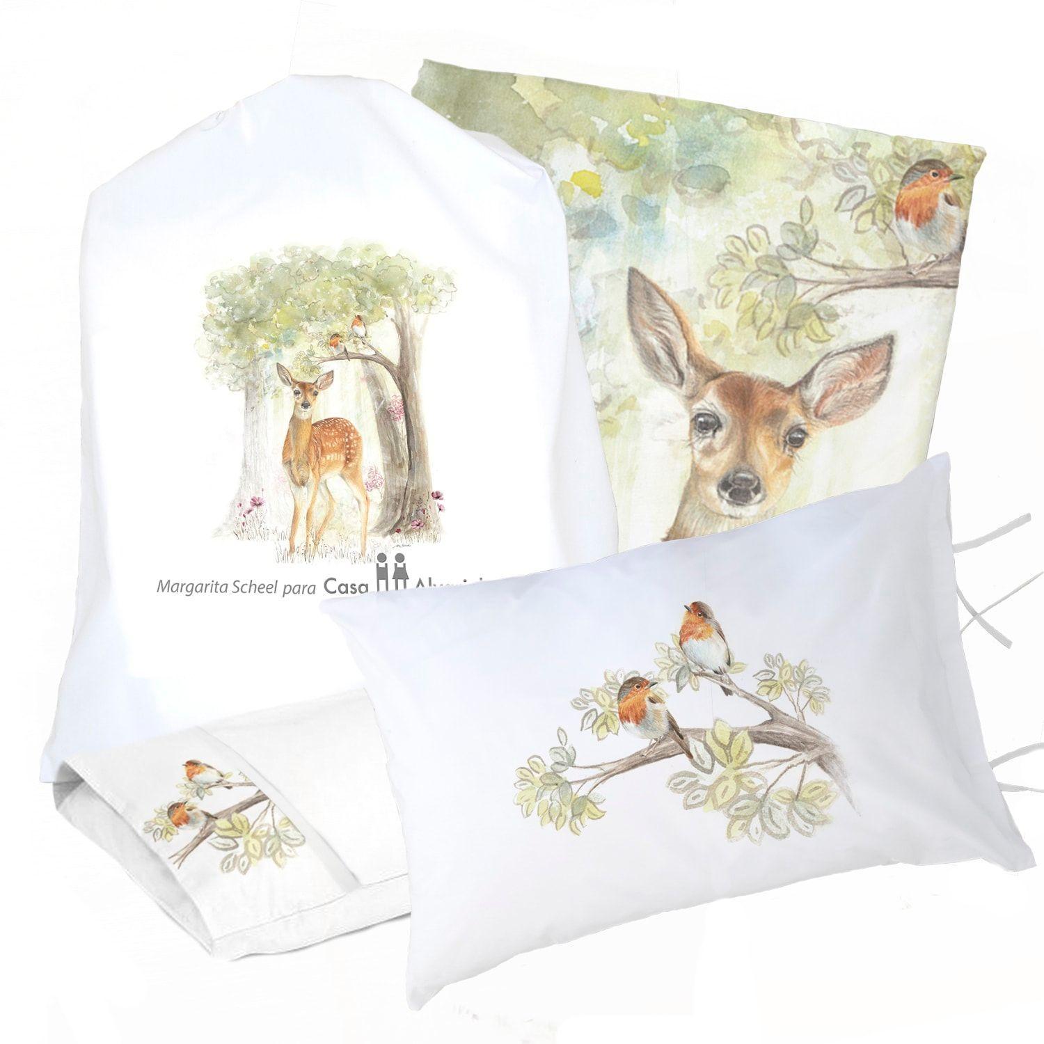 Juego De Cama Funda De Plumón + Sabana Bajera + Fundas Almohada Bambi Bosque 1 Plaza-0