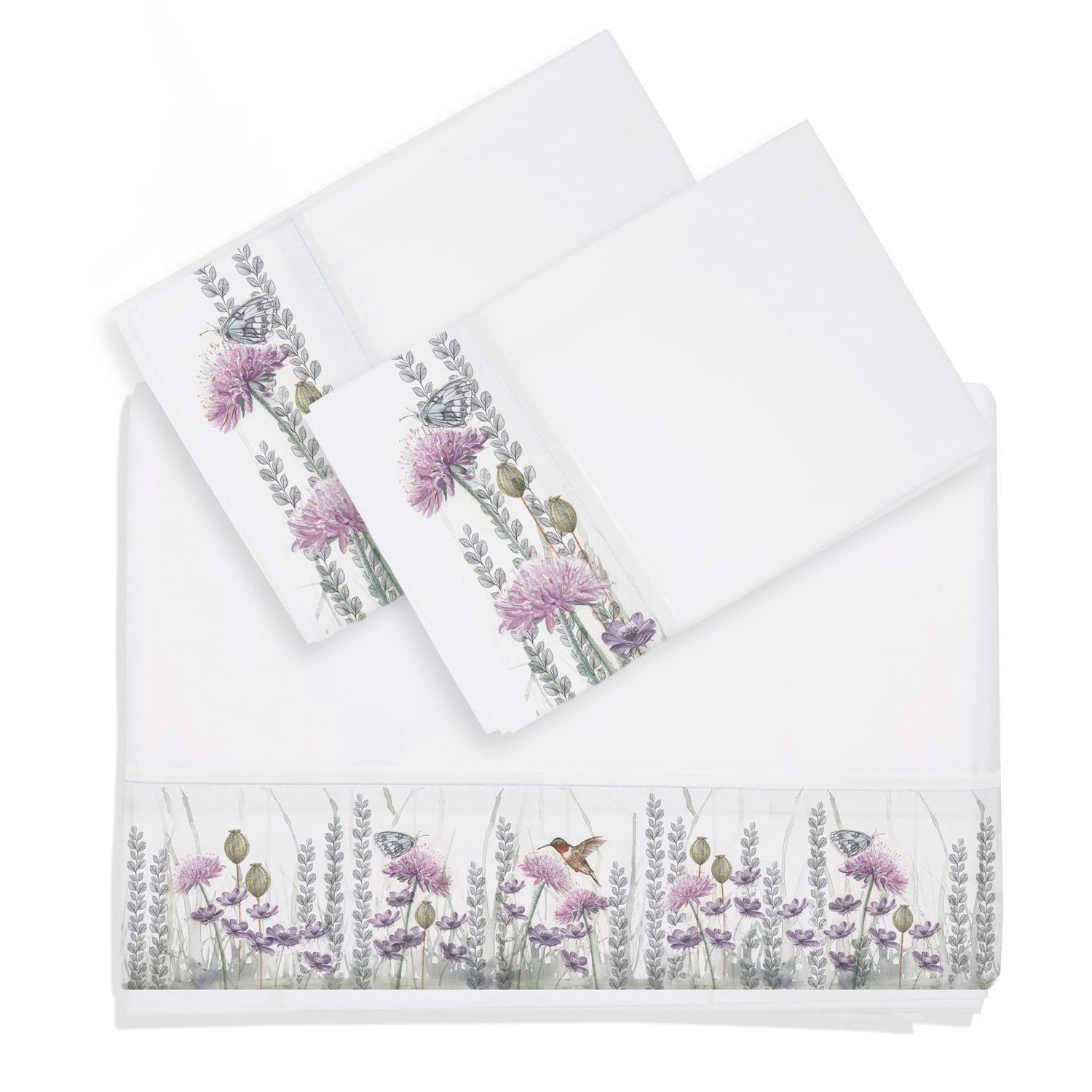 Juego De Sábanas Estampado Jardín Silvestre Lila Y Hojitas 300H Super King-2