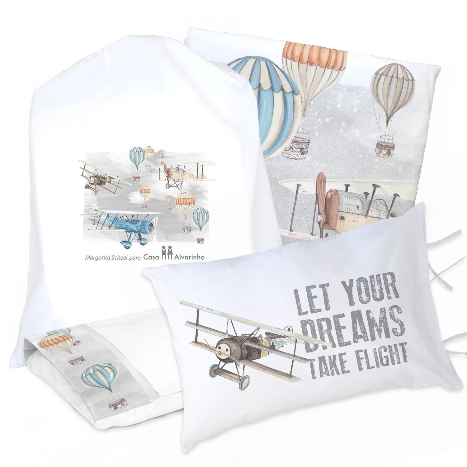 JUEGO DE CAMA FUNDA DE PLUMÓN + SABANA BAJERA +2 FUNDAS ALMOHADA AVIONES Y GLOBOS 1,5 PLAZAS-0