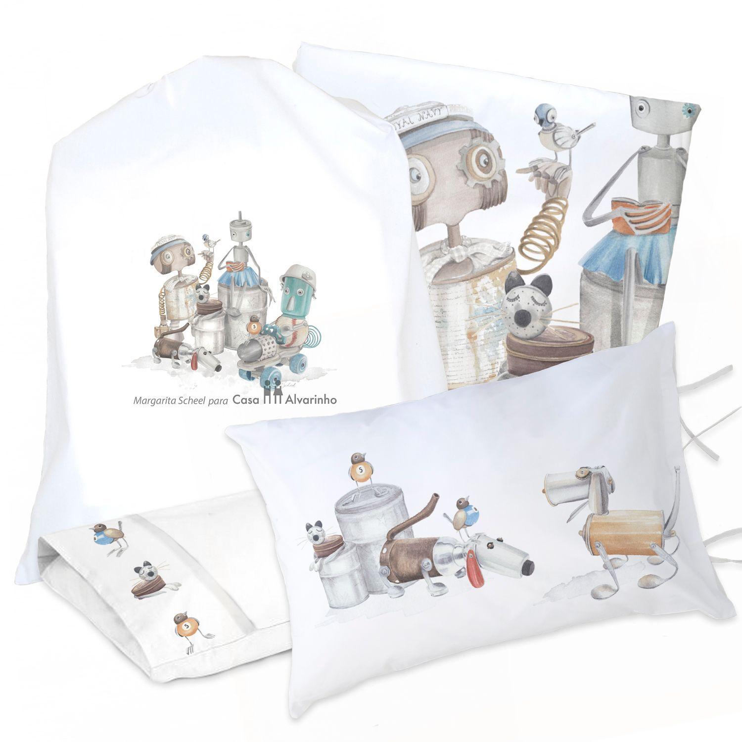 JUEGO DE CAMA FUNDA DE PLUMÓN + SABANA BAJERA +2 FUNDAS ALMOHADA ROBOTS 1,5 PLAZAS-0