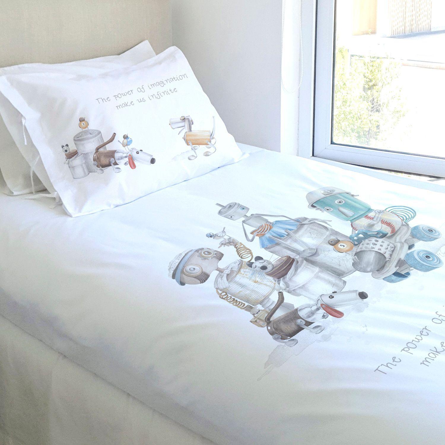 JUEGO DE CAMA FUNDA DE PLUMÓN + SABANA BAJERA +2 FUNDAS ALMOHADA ROBOTS 1,5 PLAZAS-1