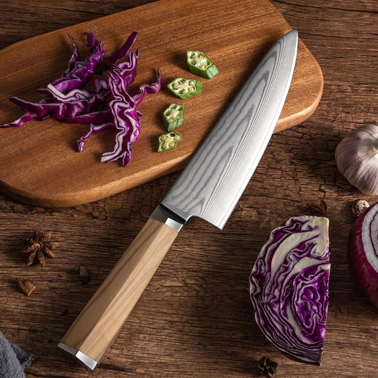 Cuchillo Chef Acero Damasco Olivo Italiano 20cm Koyam-2