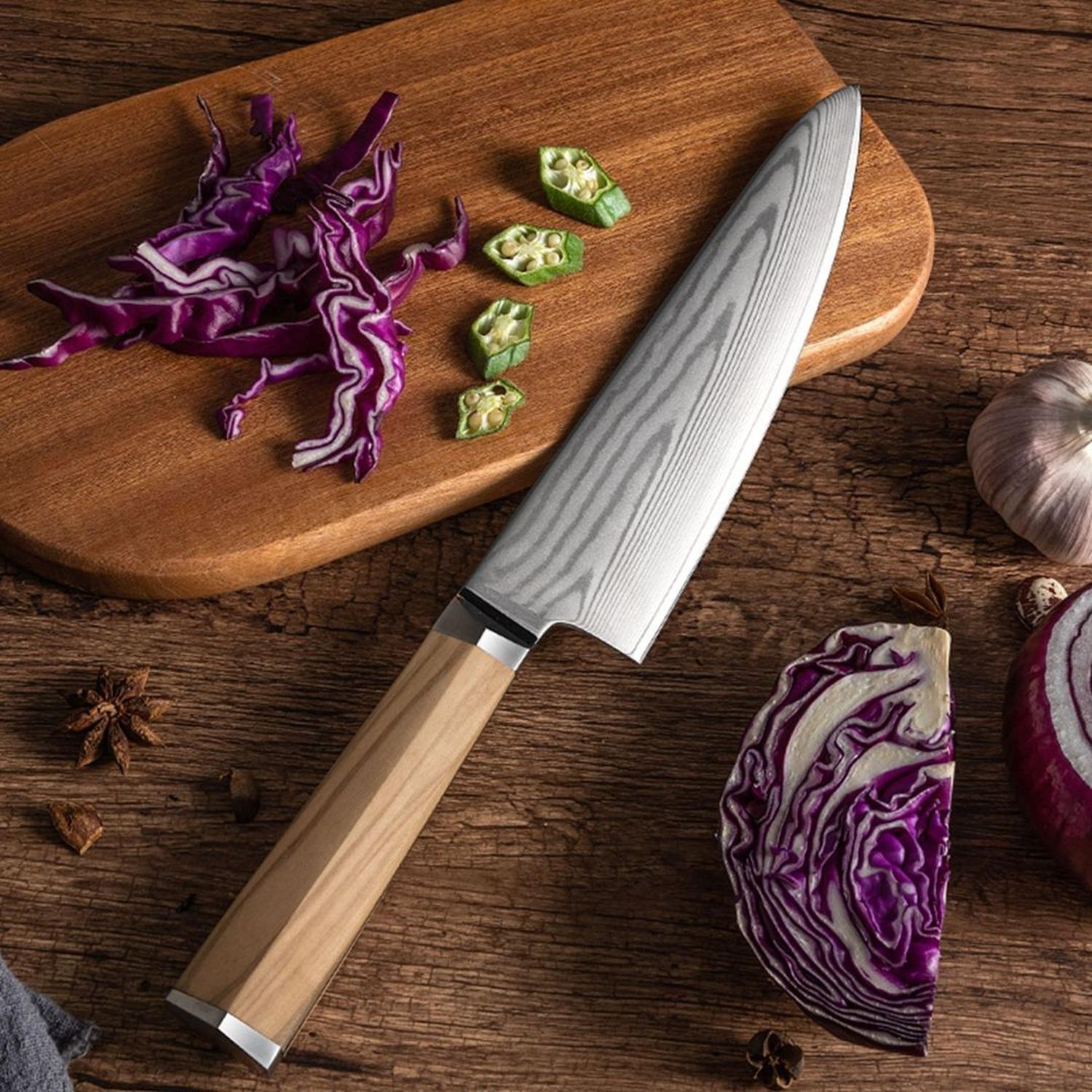 Cuchillo Chef 20cm Acero Damasco y Olivo Italiano c/Funda-2