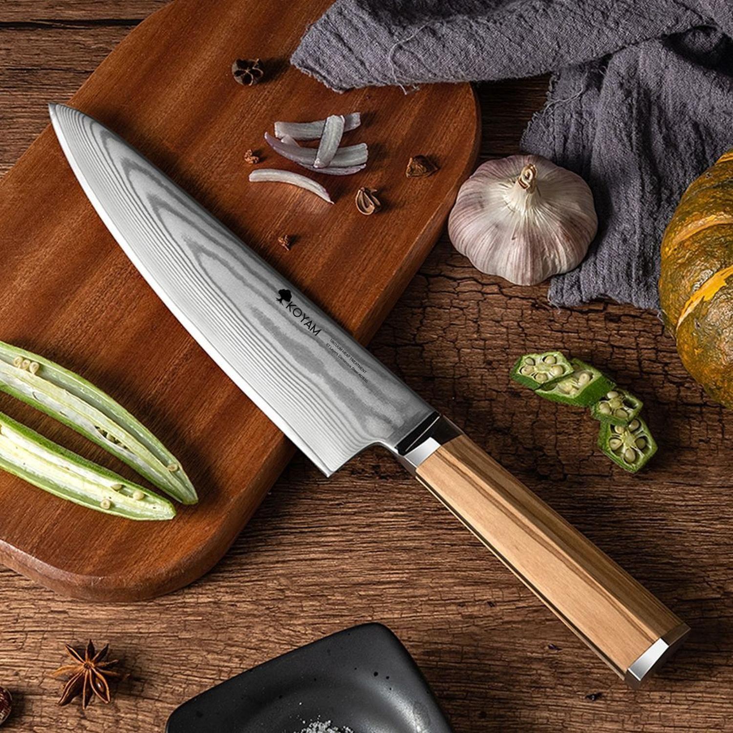 Cuchillo Chef 20cm Acero Damasco y Olivo Italiano c/Funda-3