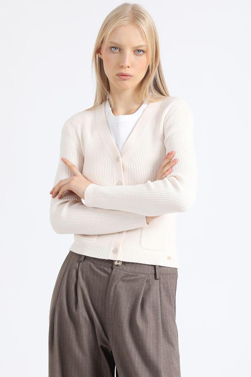 Cardigan Tejido Punto, Boton Joya, Beige Liola-0