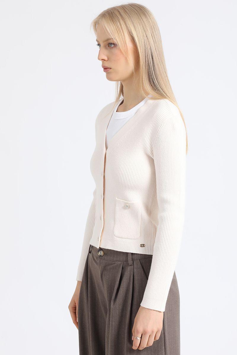 Cardigan Tejido Punto, Boton Joya, Beige Liola-3