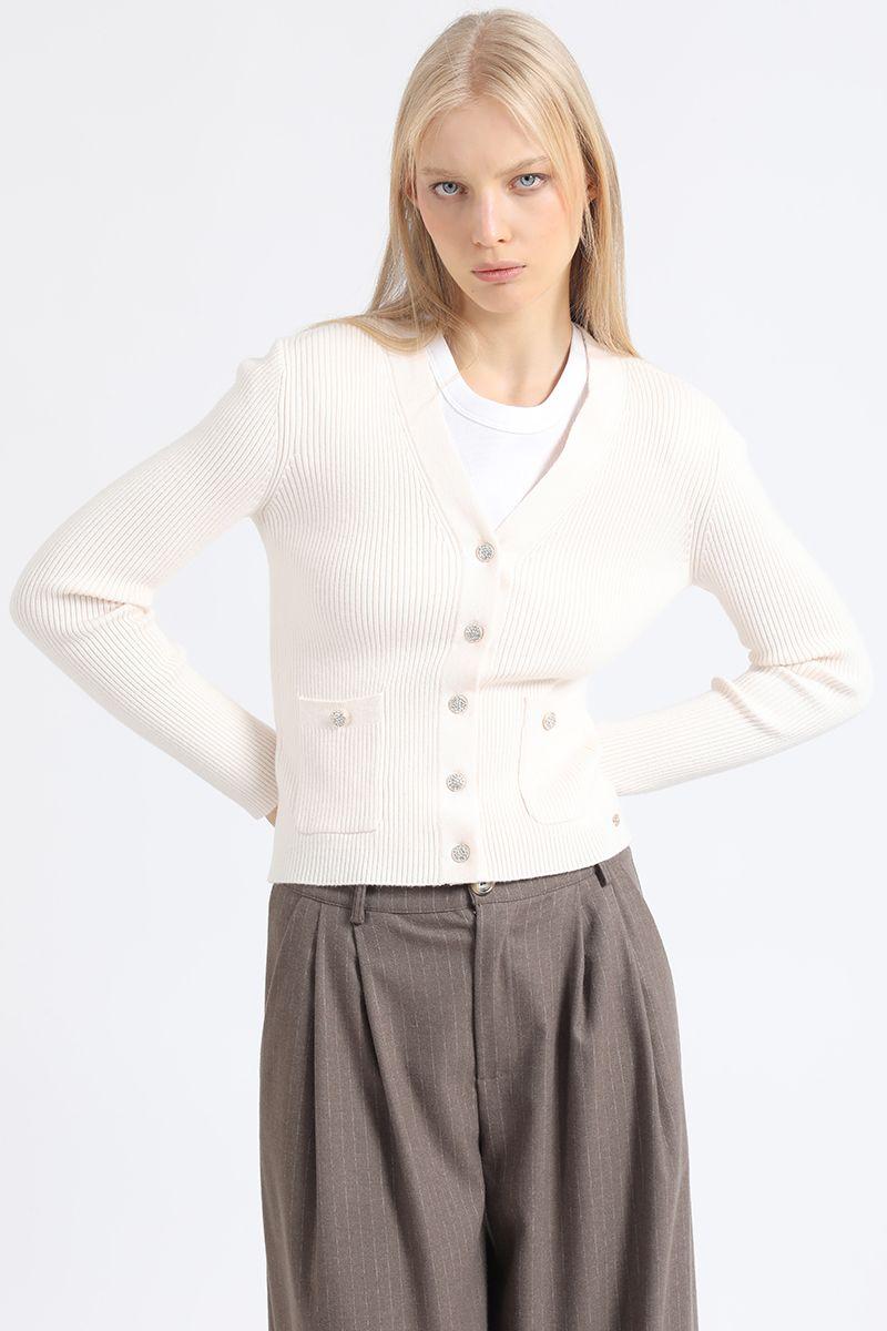 Cardigan Tejido Punto, Boton Joya, Beige Liola-5