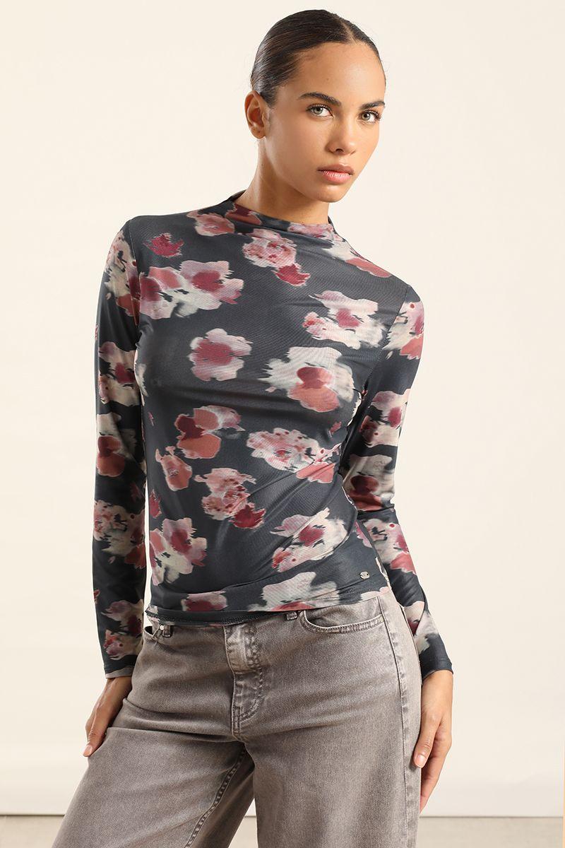 Top Malla Estampado Floral, Negro Liola-0