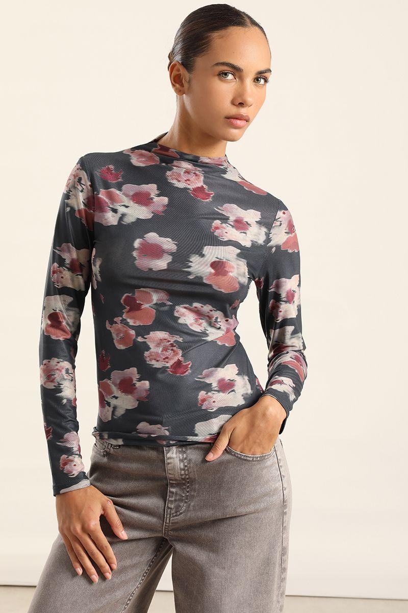 Top Malla Estampado Floral, Negro Liola-1