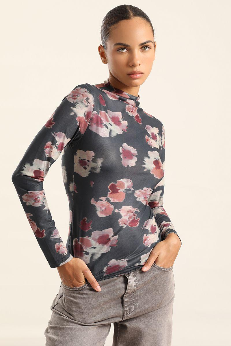 Top Malla Estampado Floral, Negro Liola-4