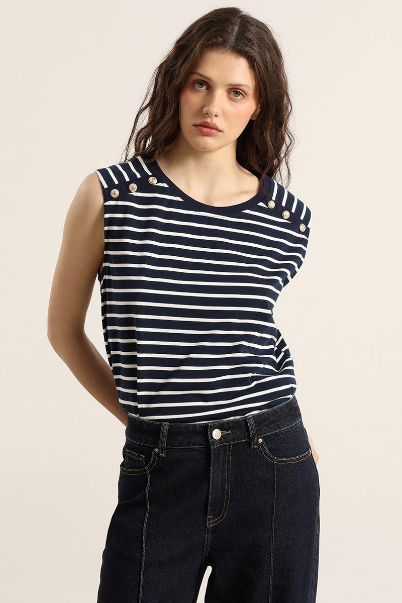 Polera rayas, botones metalicos, azul Liola-4