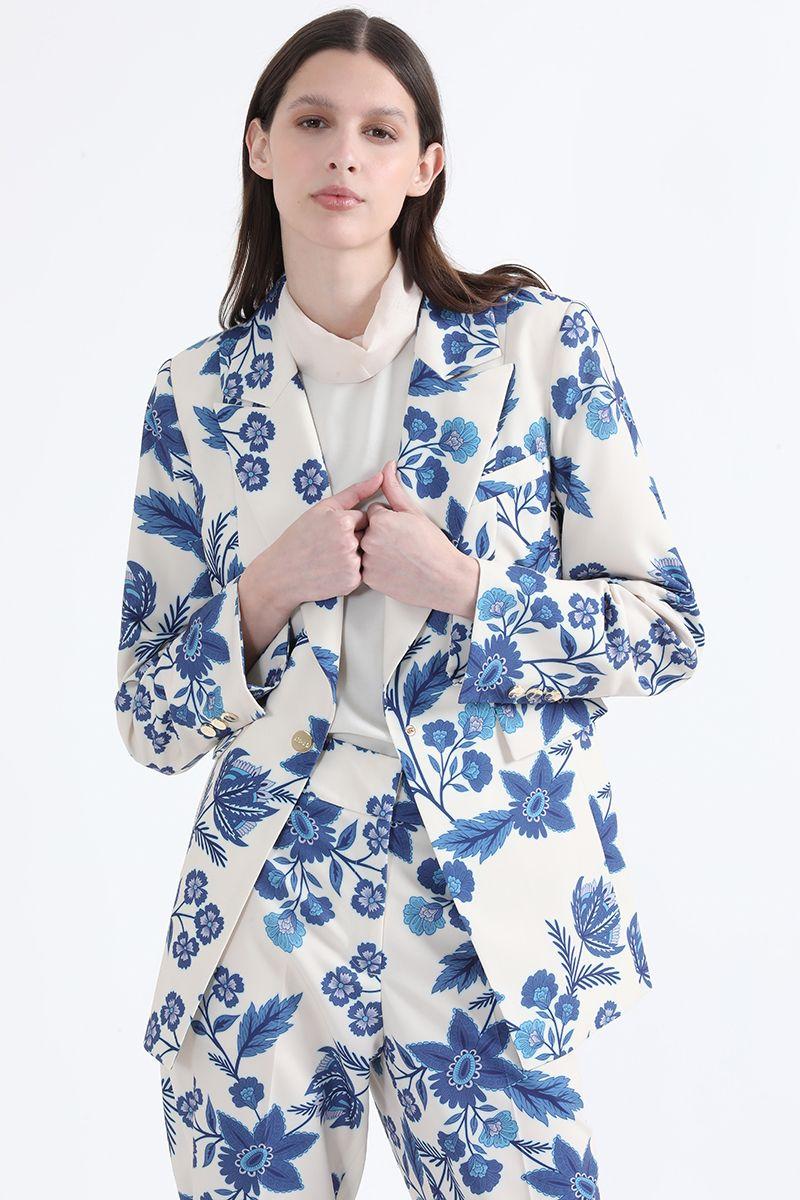 Blazer Entallado, Estampado Floral, Azul Liola-0