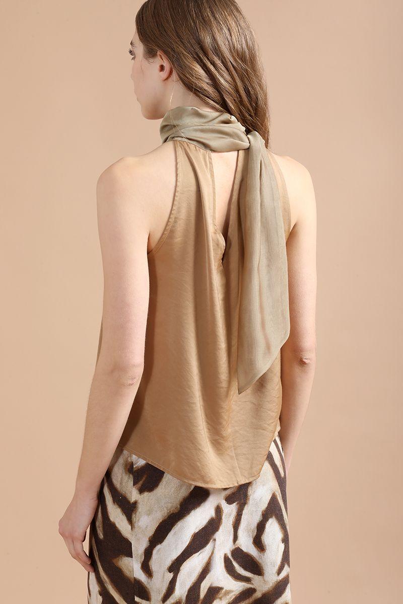 Top Satin Fluido Con Lazada En Cuello, Café Liola-4