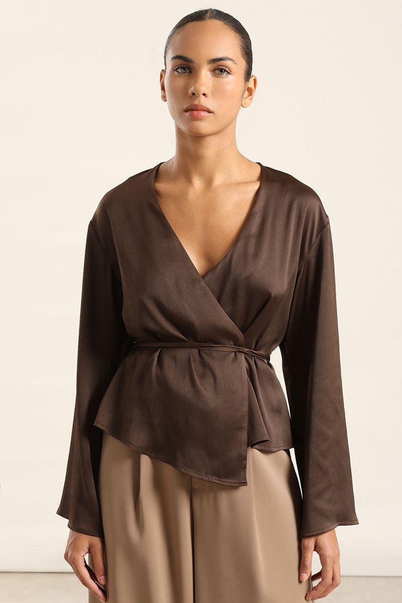 Blusa Cruzada Satin, Chocolate Liola-5