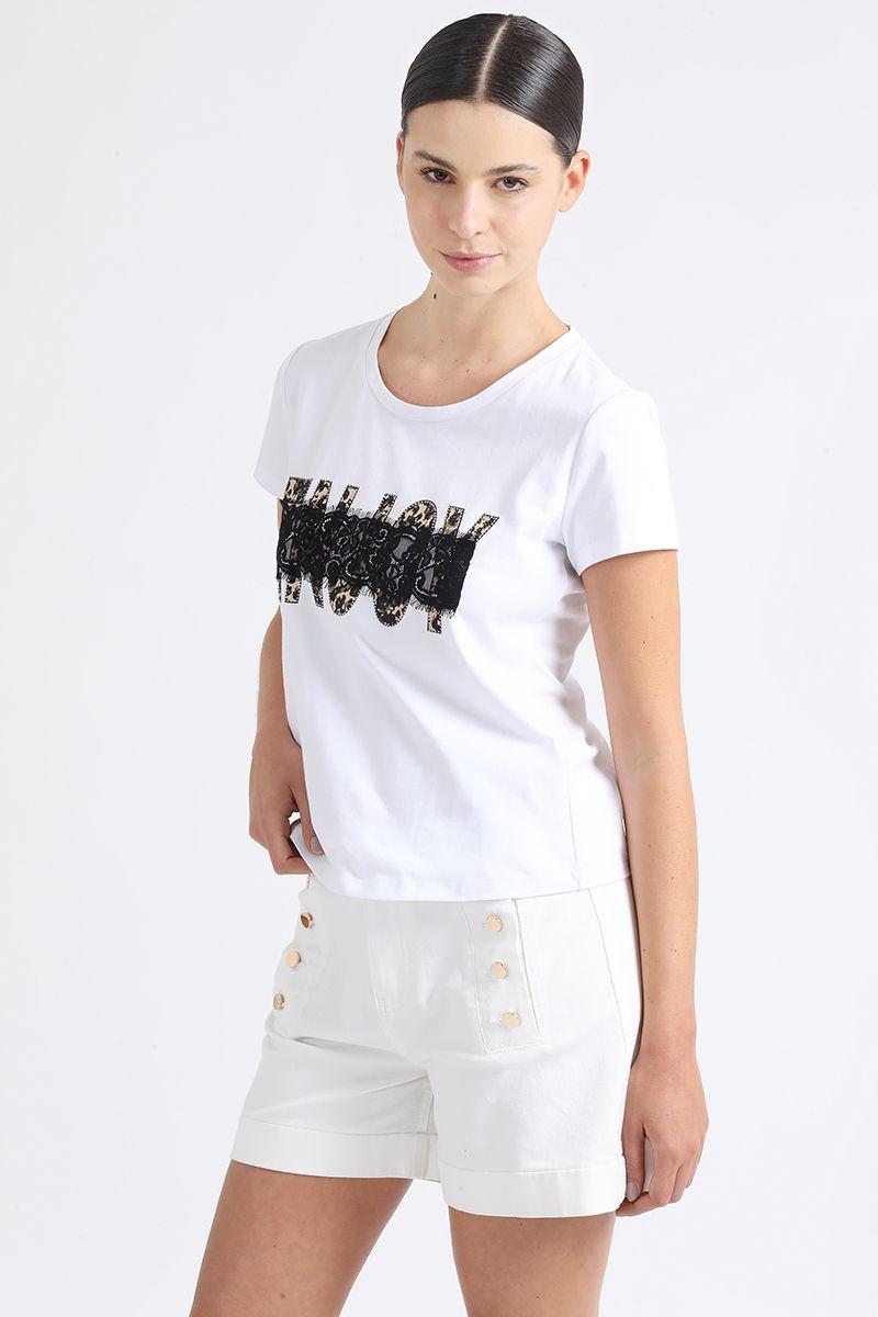 Polera Algodón Spandex, Encaje Y Estampado, Crudo Liola-1