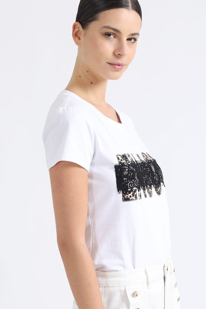 Polera Algodón Spandex, Encaje Y Estampado, Crudo Liola-3