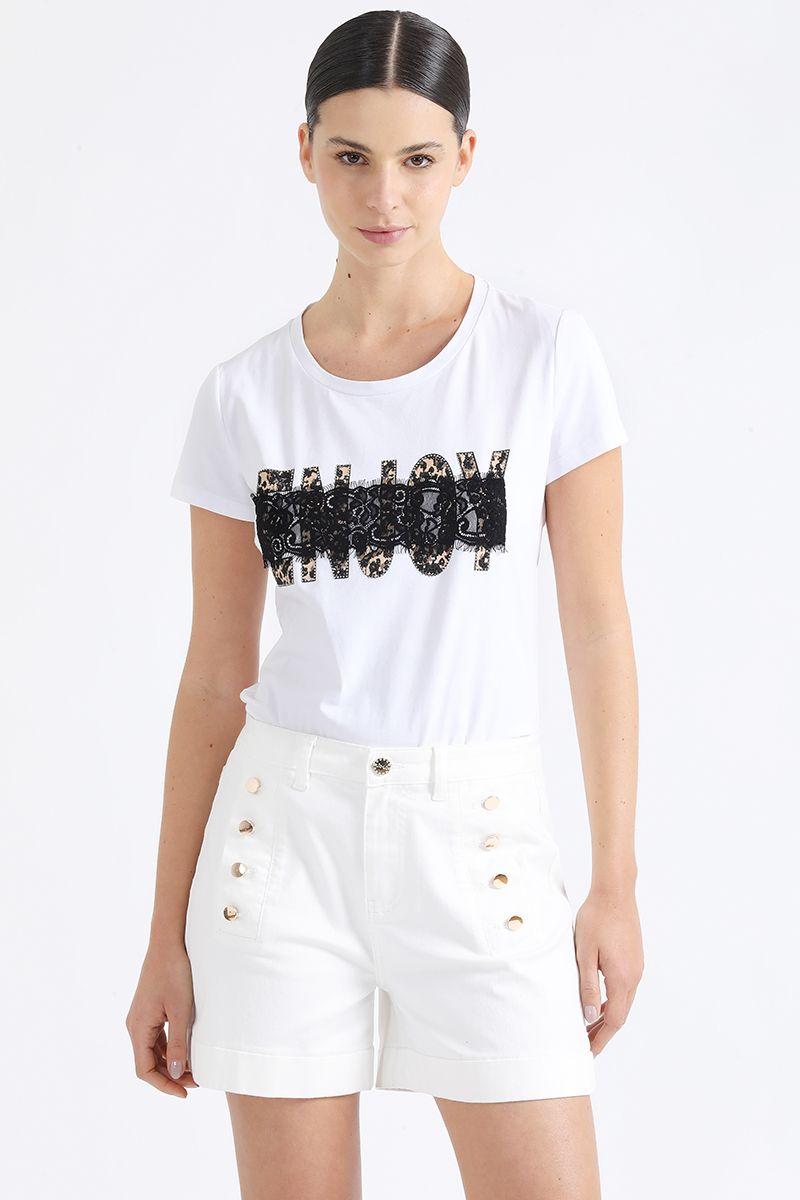 Polera Algodón Spandex, Encaje Y Estampado, Crudo Liola-4