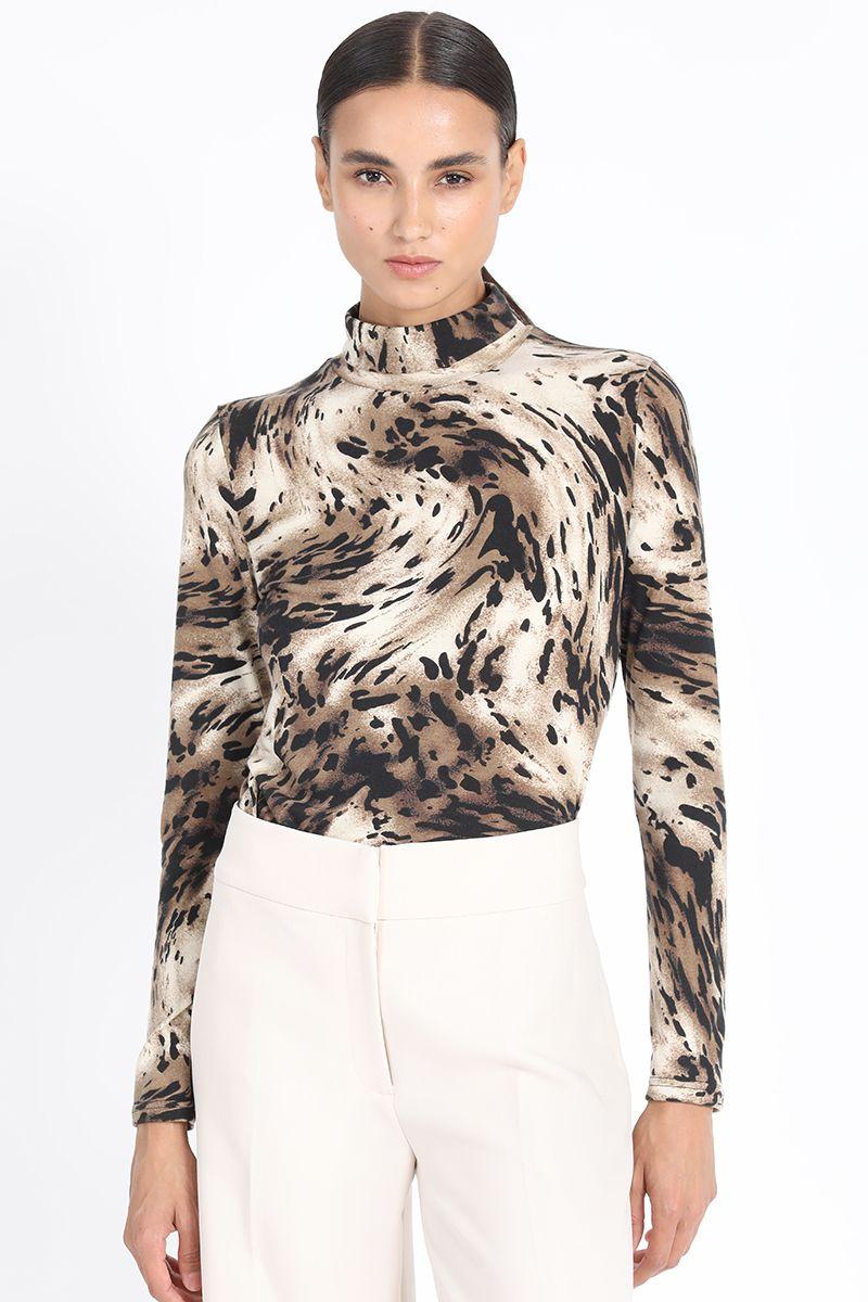 Top Cuello Alto Estampado Animal, Café Liola-4