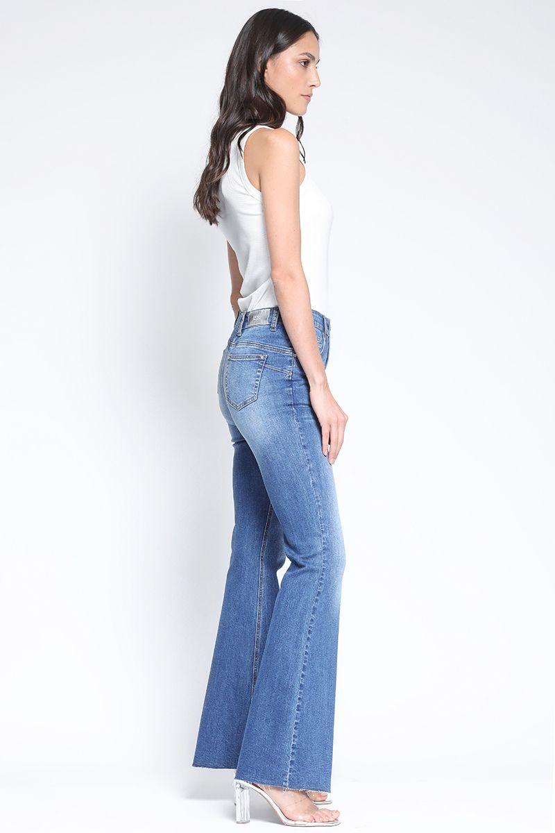 Jeans Flare Push Up Tiro Medio, Boton Joya, Azul Liola-2