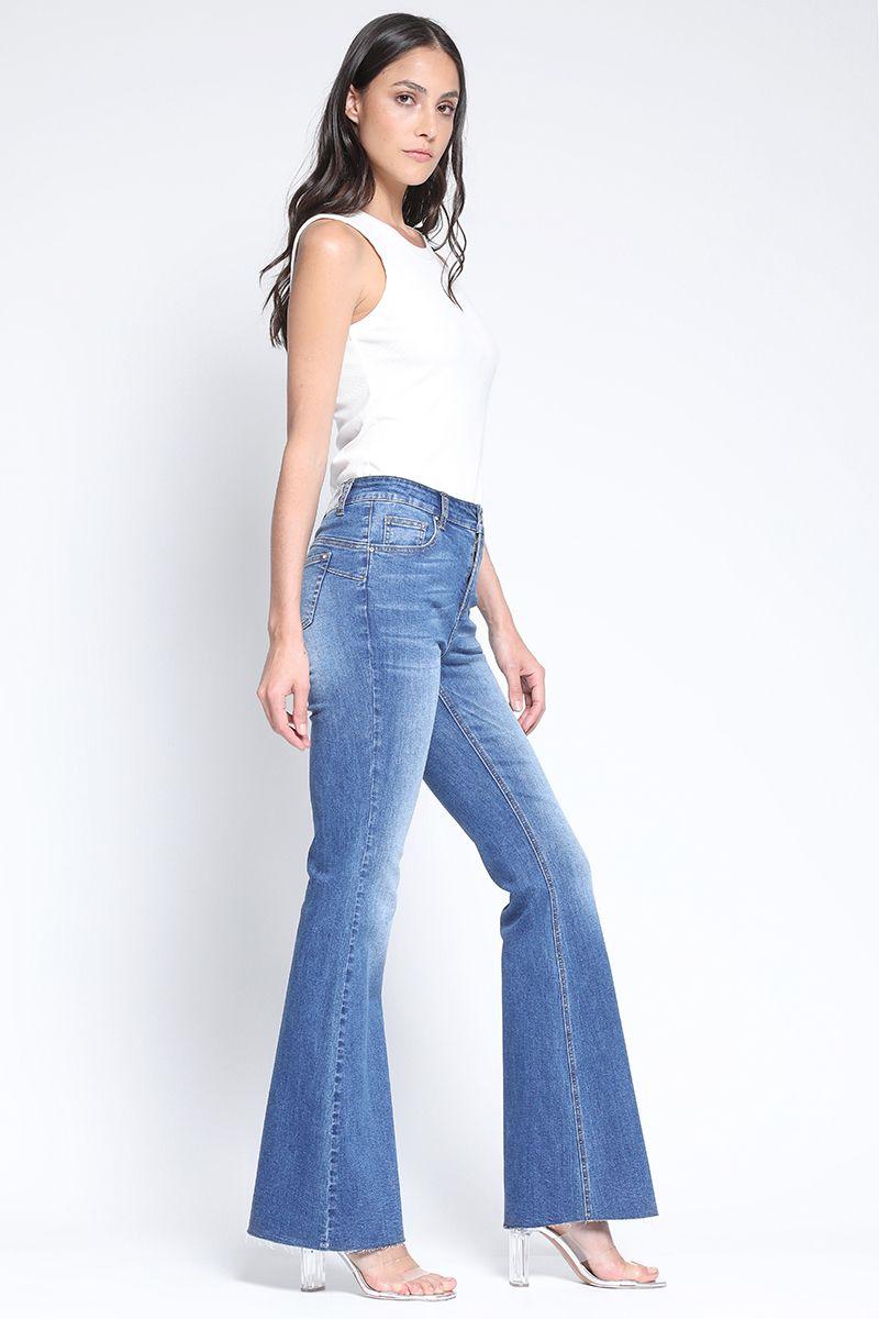 Jeans Flare Push Up Tiro Medio, Boton Joya, Azul Liola-4
