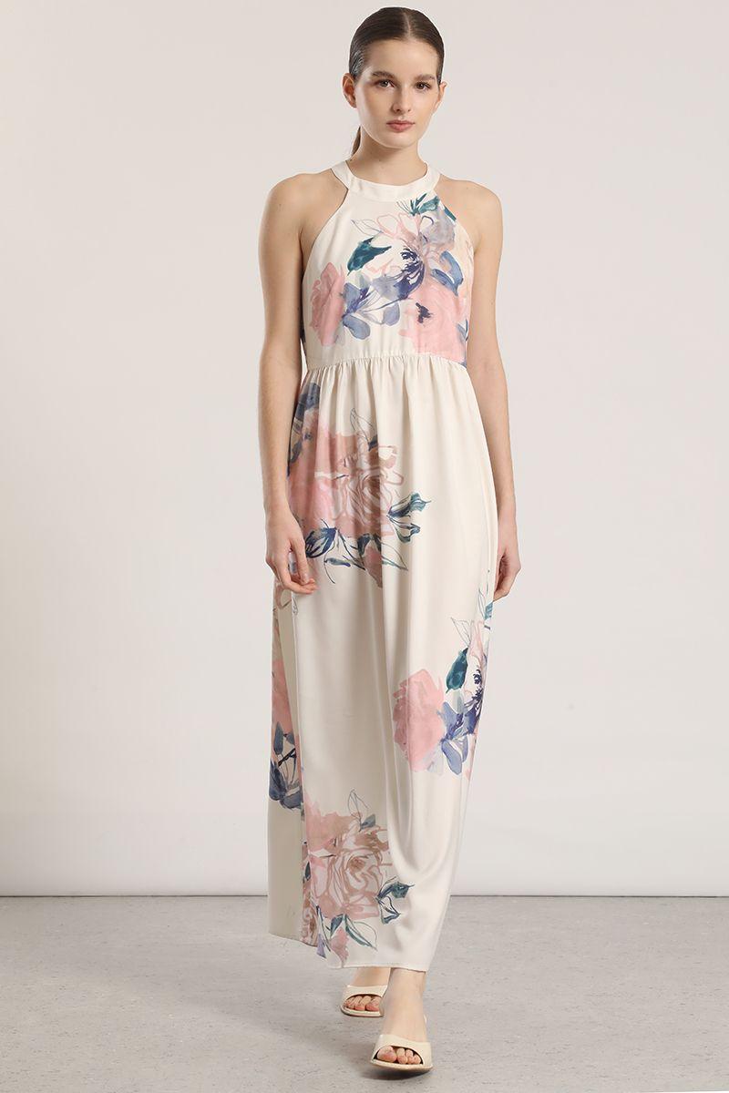 Vestido maxi halter estampado Liola mujer crudo-0