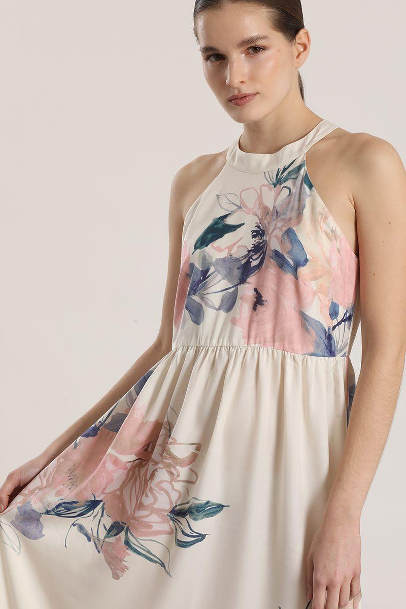 Vestido maxi halter estampado Liola mujer crudo-2