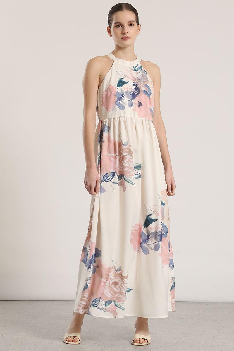Vestido maxi halter estampado Liola mujer crudo-4