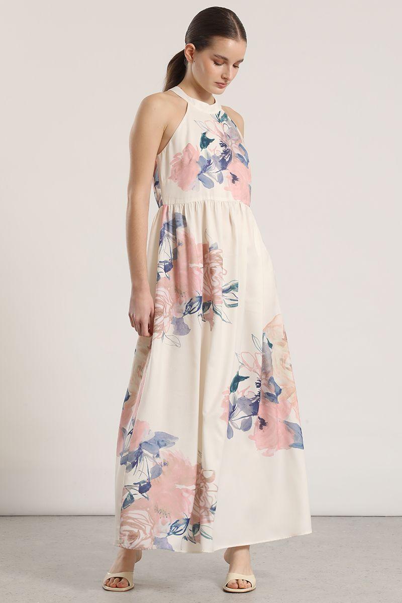 Vestido maxi halter estampado Liola mujer crudo-6