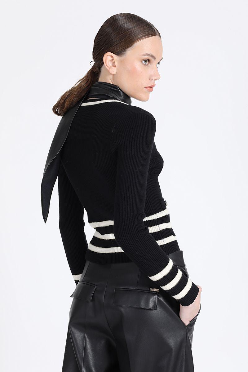 Cardigan Tejido Punto Rayas Bicolor, Negro Liola-3