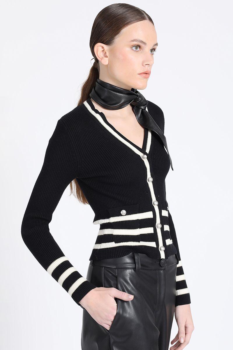 Cardigan Tejido Punto Rayas Bicolor, Negro Liola-4