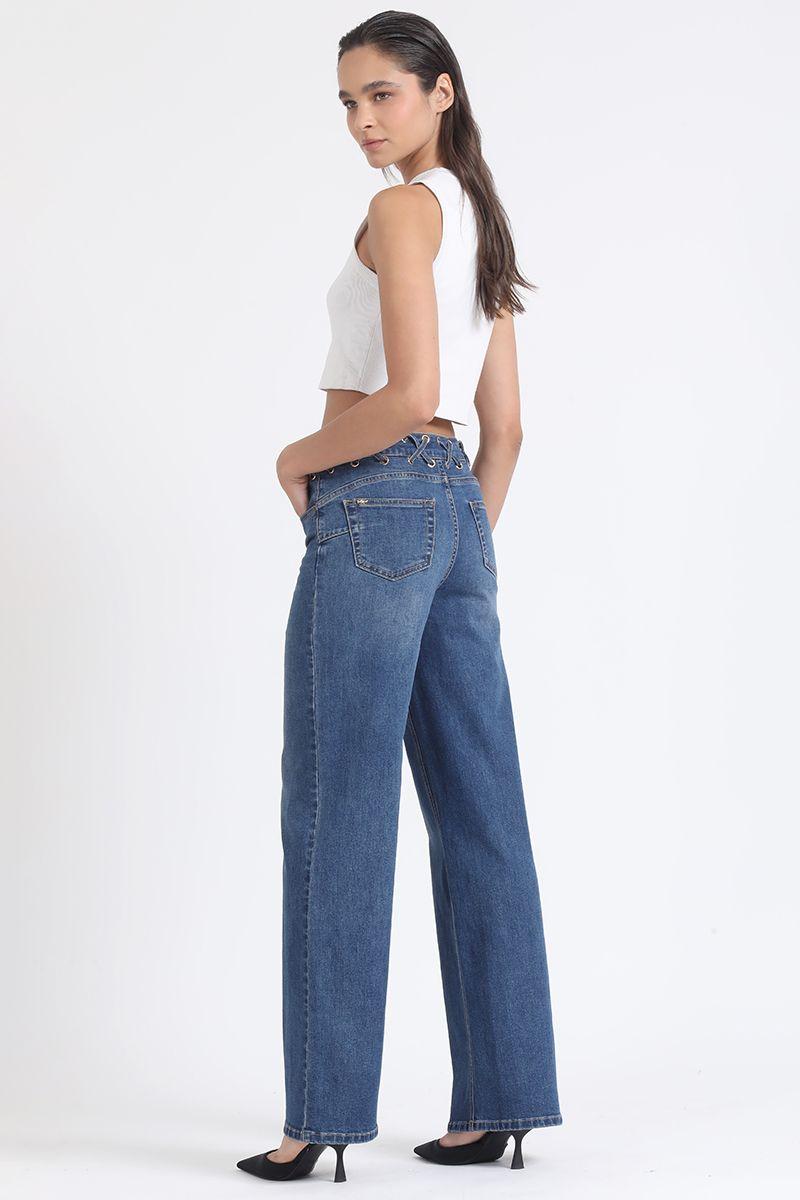 Jeans Straight Push-Up, Ojetillos En Cruz, Azul Liola-5