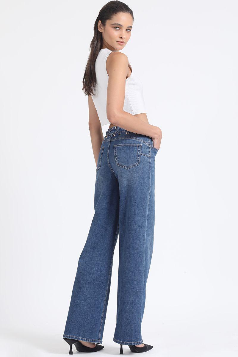 Jeans Straight Push-Up, Ojetillos En Cruz, Azul Liola-6