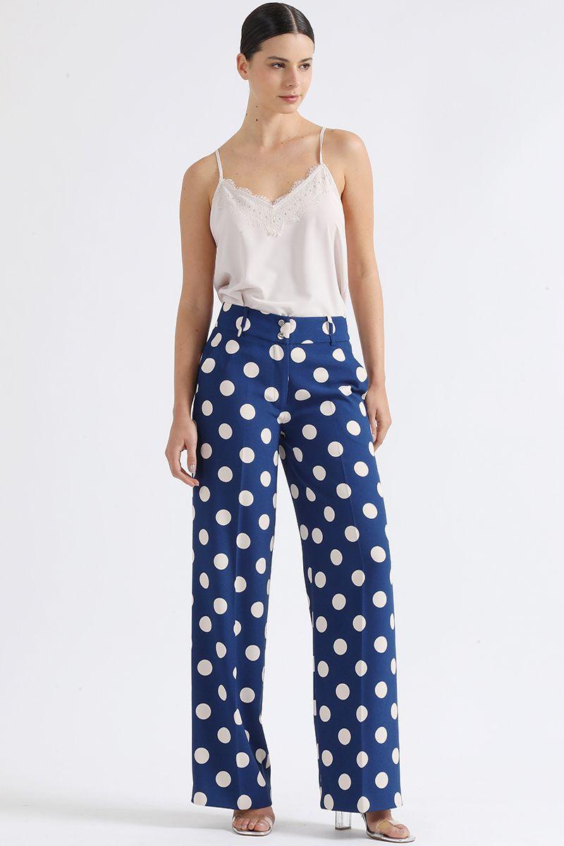 Pantalon Recto Tiro Alto, Estampado Lunares, Azul Liola-2