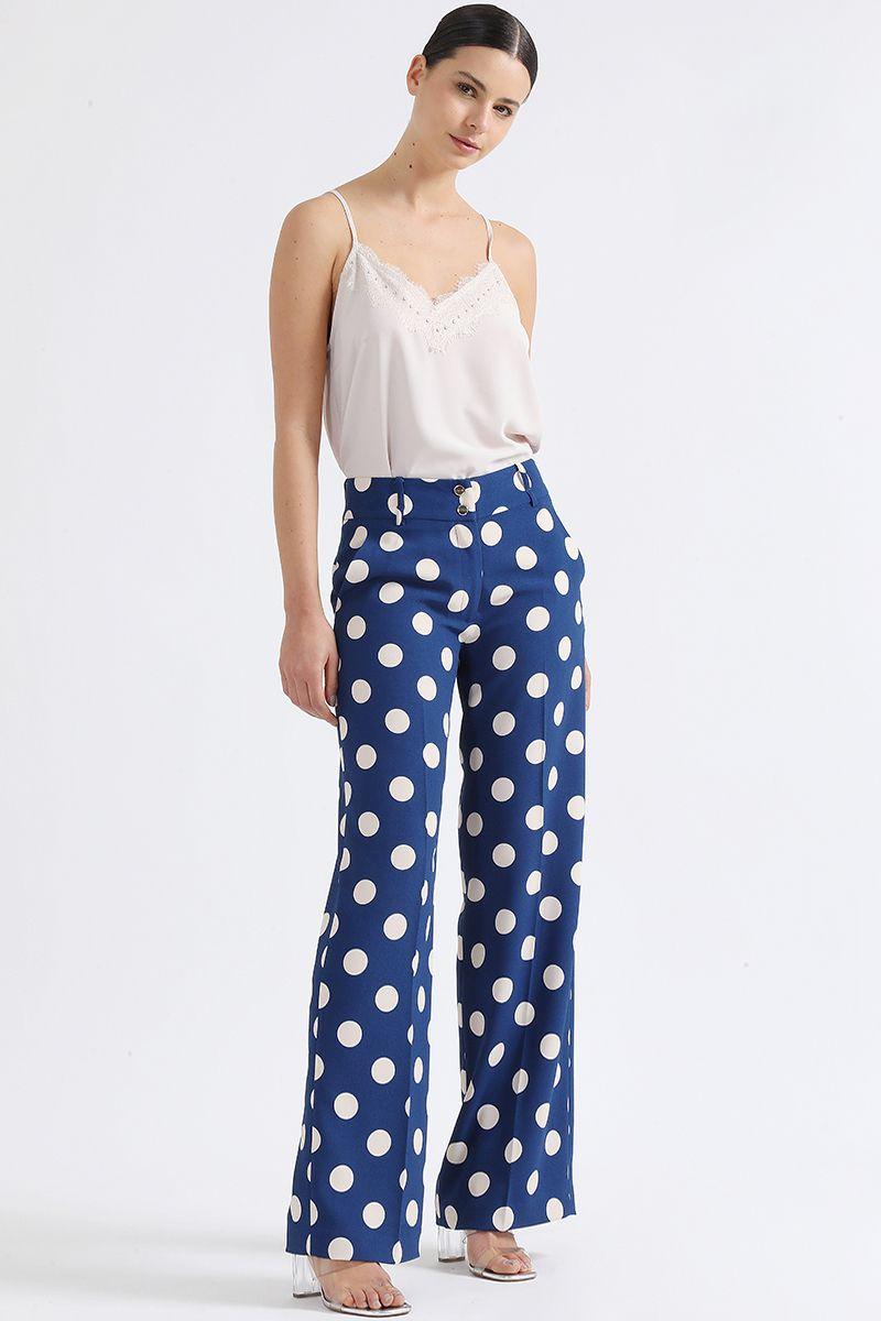 Pantalon Recto Tiro Alto, Estampado Lunares, Azul Liola-6