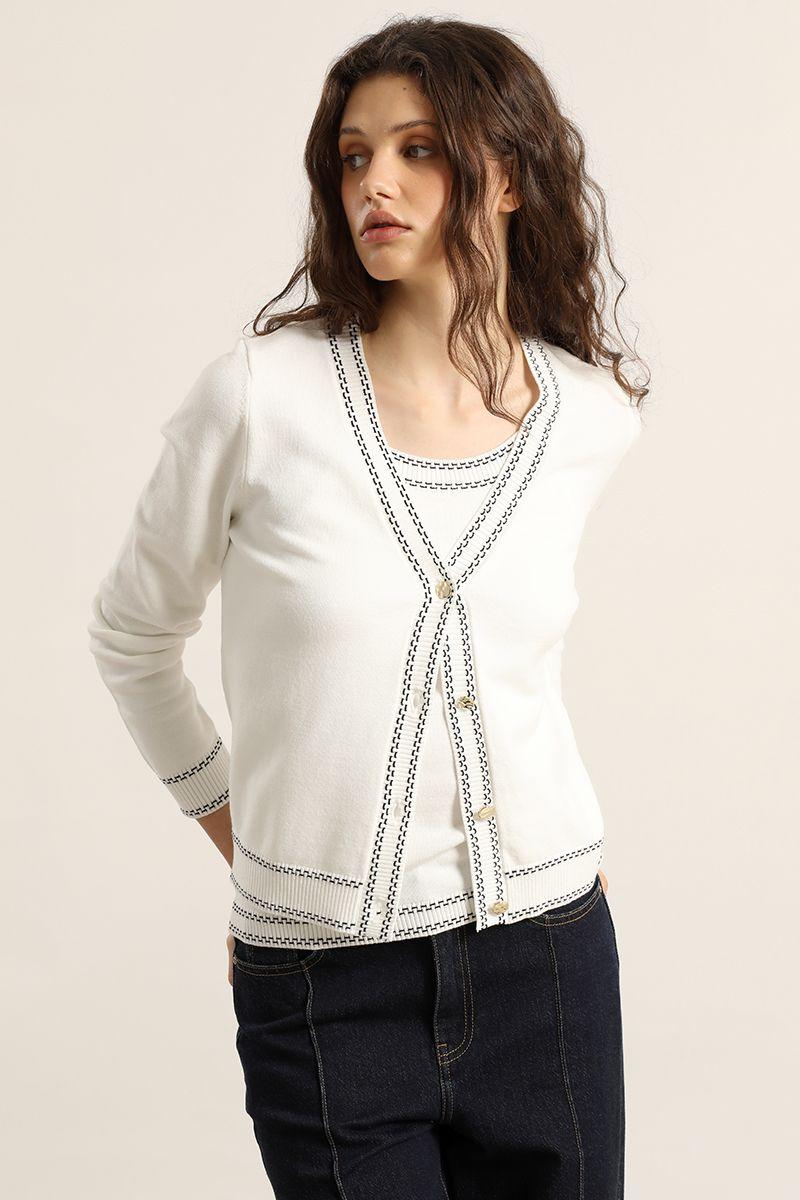 Cardigan punto, lineas contratono, crudo Liola-4
